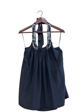 Express Womens Black Beaded Halter Top With Tie Back Medium